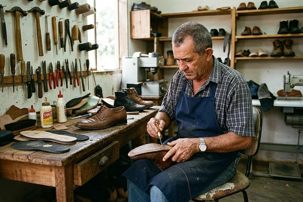 Sapateiro reformando um sapato social em Ji-Paraná.