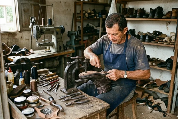 Sapateiro realizando reforma de sapatos em Ji-Paraná.