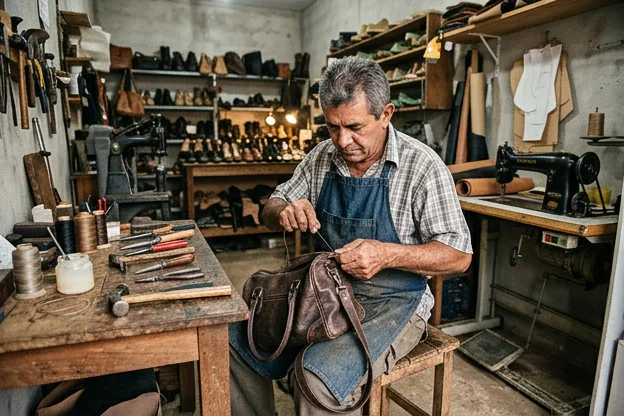 Profissional reformando uma bolsa de couro em Ji-Paraná.