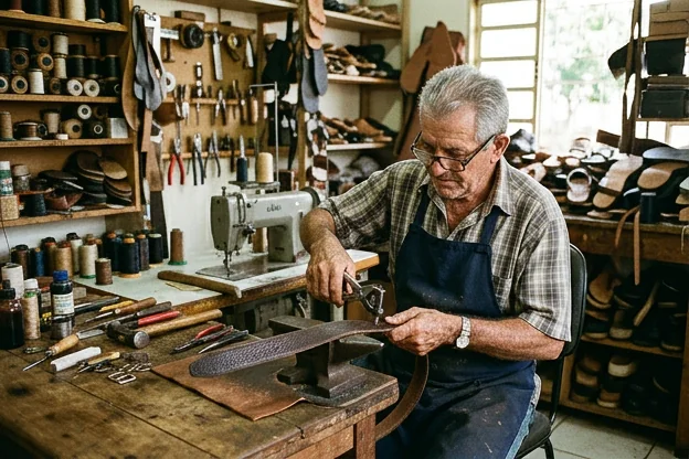 Sapateiro ajustando um cinto de couro em Ji-Paraná.