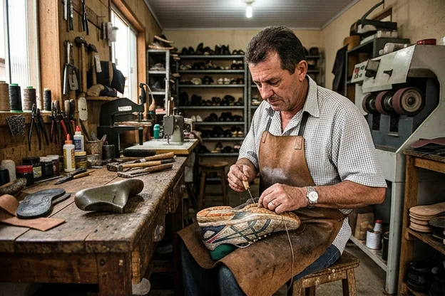 Sapateiro reparando um tênis em Ji-Paraná.