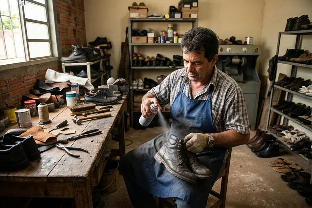 Sapateiro em Ji-Paraná aplicando impermeabilizante em calçados.