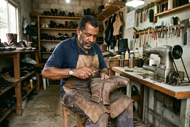 Sapateiro consertando o zíper de uma bota em Ji-Paraná.