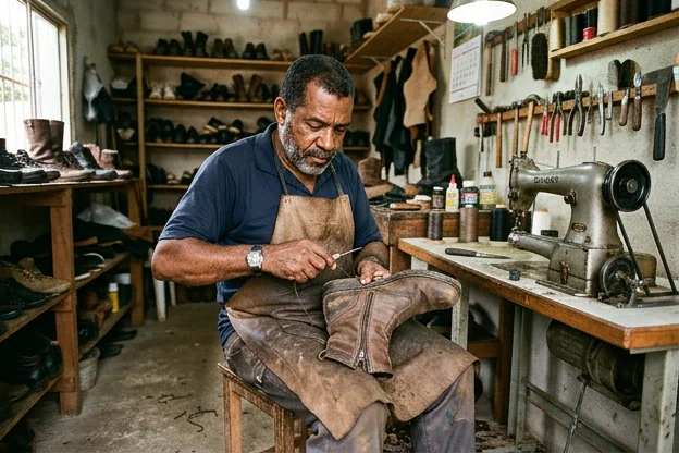 Sapateiro consertando o zíper de uma bota em Ji-Paraná.