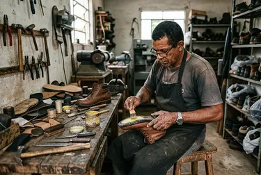 Profissional colando a sola de um sapato em Ji-Paraná.