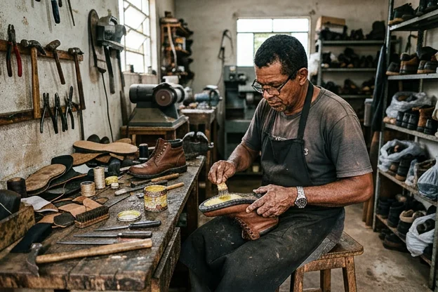 Profissional colando a sola de um sapato em Ji-Paraná.