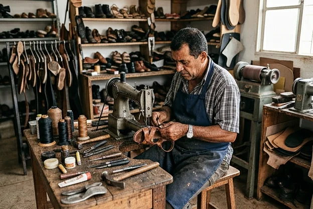 Profissional consertando uma sandália em Ji-Paraná.