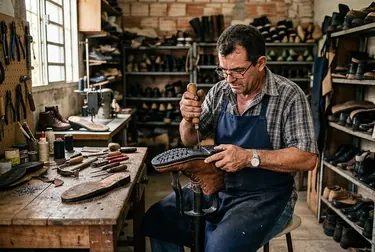 Profissional realizando a troca de solado em um sapato em Ji-Paraná.